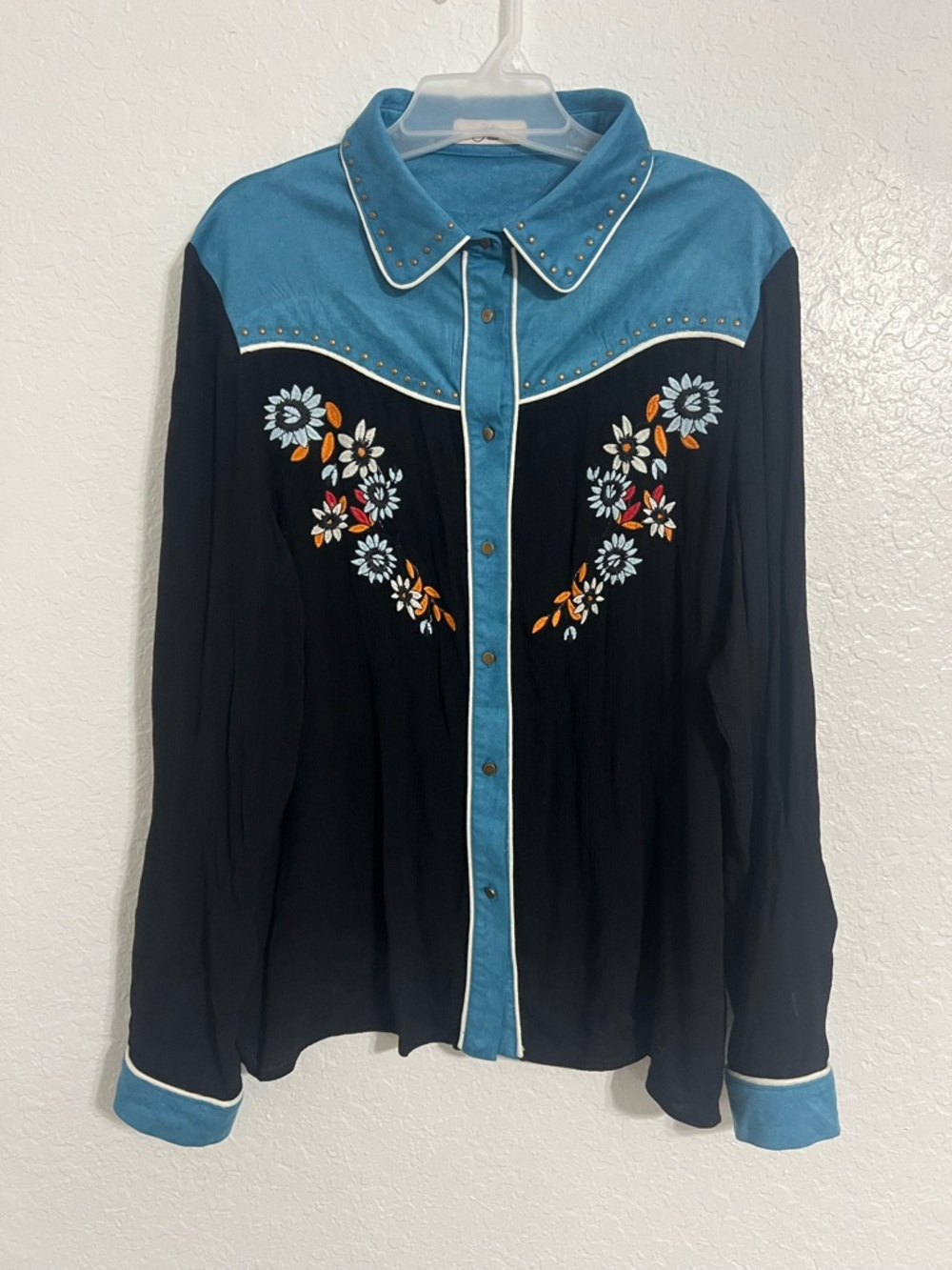 John Moon Women Western Shirt Black Turquoise Floral Embroidery Size XXL #337
